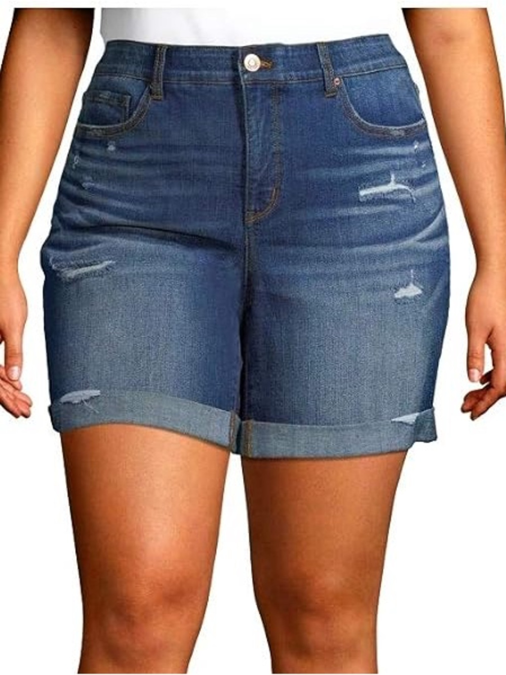 Terra & Sky Medium Blue Roll-Cuff Distressed Denim Shorts